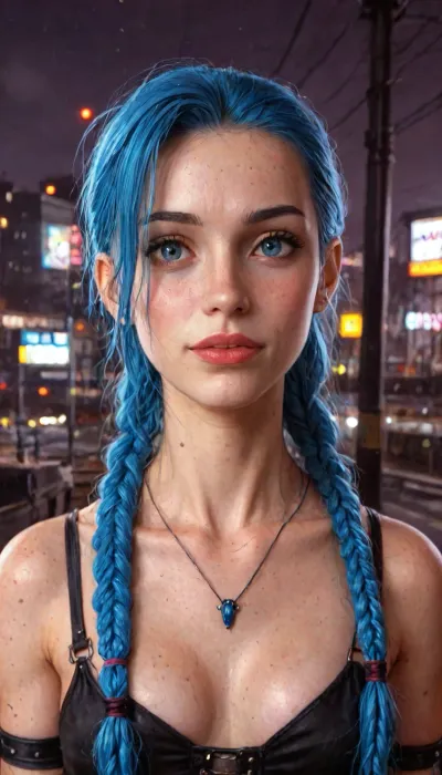 UHD, 8k wallpaper, (maximum quality:1.5), (ultra high resolution:1.7), (masterpiece:1.2), (full body view), award winning photo, (Extreme:1.25), (insanely detailed:1.9), (realism:1), (realistic:1.7), (hdr:1.4), hyper-detailed realistic body, hyper-detailed realistic face, (warm ambient light:.5), (dark shadows:1.4), Photorealistic masterpiece captured with high-end DSLR camera like Canon EOS 5D, ((hyperrealistic portrait of jinx in front of gray hound bus station in city panorama, beautiful hyperdetailed, excellent composition, best shadow, best illumination)), finely detail, cinematic angle, powerful radiant confident vibe, detailed background, dynamic angle, volumetric lighting, high detailed, high resolution, photorealistic, score_9, best quality, ultra photo quality, HDR, 4K, (((Jinx))), (detail Jinx:1.32), (detail jinx face:1.16), (hair in pigtails), (small perky breasts:1.3), cheating, full skinny figure, skinny thighs, wearing tight jinx costume, cleavage, heavy makeup, sweaty skin, slim feminine body with small natural B-cup bust firm and perky, very narrow toned waist, narrow curvy hips, small firm rounded buttocks, long poised legs with slender thighs graceful calves and delicate arched feet, elegant slender arms with toned forearms and graceful hands with long fingers and manicured nails, height 171 cm, graceful and intellectual character, standing with one hand on hip, confident light expression, soft ambient lighting with gentle shadows hinting contours artistically, ultra-detailed skin texture and fabric details, pure realism, exhausted ecstatic expression, (masterpiece:1), hard nipples, hourglass waistline, perfect anatomic body, 35mm photograph, film, professional, 4k, hdr, photographic, ultra realistic, ultra high details, back light, jinx, (league, of, legends), <lora:Dark_Elf_Warrior:2>, <lora:zavy-brbrn-sdxl:2>, <lora:LCMTurboMix_Euler_A_fix:2>, <lora:JuggerCineXL2:2>, <lora:MIAOKA_JINX_1.0_SDXL:2>