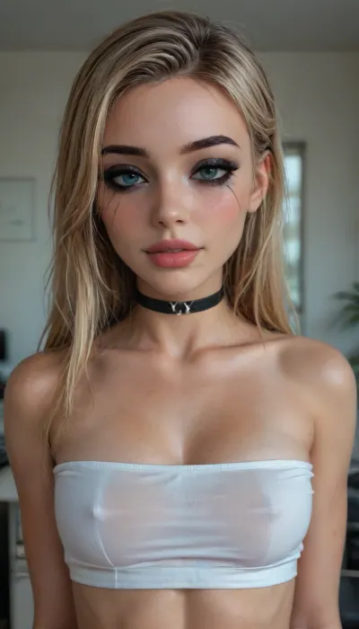 (((young))), (18 yo:1.3), (eyes wide open, big lips), (horny face:1.5), (blushing:1.5), blonde bangs hairstyle, (athletic body:1.5), (portrait view:1.5), (athletic abs), slutty clothes, slim hourglass body, (side view), (big perky tits), attractive body, black choker, (black makeup:2), (blue eyes), (into the office), (big perky breast:1.5), ((white tube-top:1.5)), (underboobs), (skinny), perfect skin, beautiful face, ultra high details, hdr, natural tits, close up full body view, standing, vivid colors, detailed eyes, 4ng3l, face, <lora:attractive_notrigger:1.7>, <lora:sunnyrayyxo_v1_SDXLBase:1.5>, <lora:SDXL_BetterFaces-LoRA_v1:1.4>, <lora:Voe_Doe:1.3>
