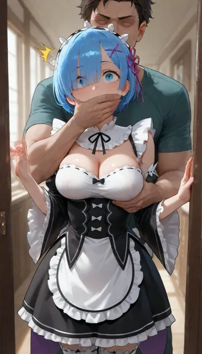 4k, highly detailed, petite girl, petite body, solo, Rem from Re-zero, standing in a narrow hallway, a man stands behind her, the man is grabbing her breasts from behind, and with his other hand, he is covering her mouth, her face shows a look of being surprised and scared.