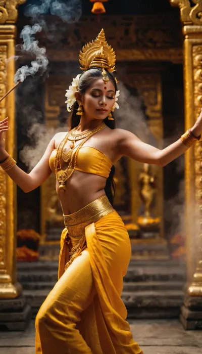 Beautiful Balinese dancer in the golden temple, in Balinese traditional suit, dancing before golden idol of Shiva, incense smoke in atmosphere, realistic photography, <lora:HandFineTuning_XL:1.5>
