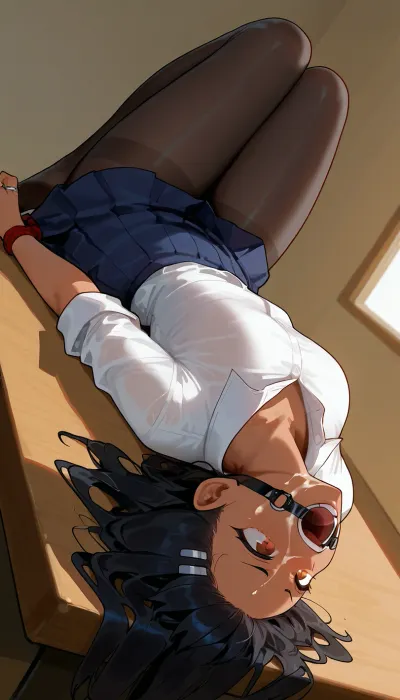 white collared shirt, view from side, pleated skirt, angry, Hayase Nagatoro, black pantyhose, 1girl, tied, tied arms, tied legs, solo, cum on face, lying on table, ring gag, open mouth gag, head back, lying back, upside down