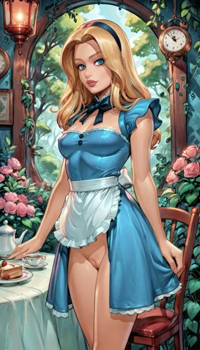 Alice in Wonderland, 18yo woman with long blonde hair and a black headband, wearing a blue dress with a white apron, small breasts, shaven pussy, Whimsical outdoor tea party in a fantasy garden, long table covered with mismatched teacups and teapots, colorful chairs at odd angles, hanging lanterns and clocks, oversized flowers and twisted trees, chaotic playful atmosphere, (reiq style), <lora:cartoon_stickers_xl_v1:2>, <lora:ratatatat74-000050:2>, <lora:detailed_notrigger:2>