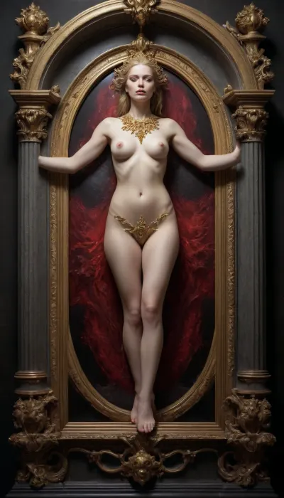 AMAZING NUDE goddess woman spaceship, sculpt, realistic marine paintings, SUREAL juxtaposition of hard and soft lines, Symmetry . 3d gold opals frame. mystical symbol in real life, monumental murals, by Royo Ian Miller and Giger mirror shined liquid metal chrome, giant figure, ghost, glowing starry opalescent embroidered translucent refraction ethereal light air gate, dripping with opals and gold xtraordinary creativity of fashion intricately baroque flower détail with discreet figures carved in marble FRAME 3d texture in vantablack and red, old clock pottery time + lensed by Albert Watson + designed by Beksinski, Max Ernst, Peter Grick sculpture, guardian of time and the passage to the other side, amazing, inspiring and delightful, lace symmetry, mystical occult symbol in real life, high detail, soft warm, gothic cathedral, NATURAL PHOTO