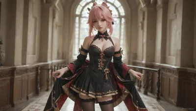 21 years old, 8K, red eyes, five fingers, perfect fingers, pink hair, masterpiece of the highest quality, work of a true master, dress, stockings, jewelry, black thigh-high stockings, Vision, leather, suit Lynette, (Genshin, Impact), (lin, ni, te), 1 girl, purple, solo, breasts, pantyhose, bow, ear, fluff, cleavage, bangs, face, mark, gray, small, pleated, black, bow tie, medium, shirt, <lora:MIAOKA_Yae Miko_XL:.4>, <lora:linnite_x_00004l:2>