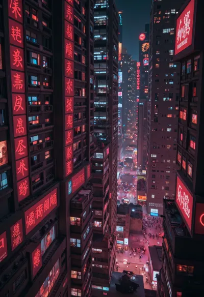 Dark scifi cityscape, highly detailed evil scifi slums from above, large skyscrapers, LCD screen billboards, heavily populated streets from above, many building window lights, many cables hang between buildings, red neon lighting, citylora, <lora:科幻-雪城黑红sdxl:1>, <lora:City_SDXL_v1:1.5>, <lora:Neon_City:1.5>