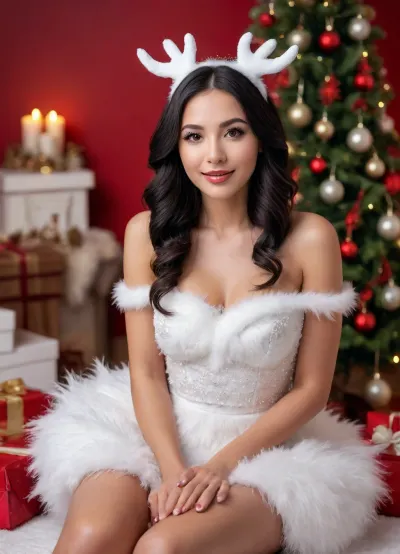 Create a portrait photo of me, (face based on the uploaded reference photo), . The face must exactly match the person in the reference photo. Do not change the face structure, skin tone or hairstyle in this high-contrast modern fashion portrait. This photo is a vibrant and gorgeous Christmas scene, with red overtones and a festive Christmas atmosphere. She is dressed in a large fluffy dress with white feathers with open shoulders, long puffy hands and a tight white miniskirt with feathers of the same material, showing her elongated legs.

Her long black hair is curled, dotted with a reindeer mane on her head. The styling technique is extremely cute and lively, the model sits on fake white snow, hands on her lips posing for a wind kiss, (blow kiss), eyes closed with a sweet expression, showing joy and sending congratulations. The shooting technique uses strong and clear light to highlight the color of the dress and the background. The background is a red wall decorated with a large snow-covered Christmas tree and red beads on the left, and a mountain of tall red gifts on the right. The scene is also adorned with lovely decorations such as a giant white teddy bear, a snowman and a reindeer standing in the middle of a pile of gift boxes. The effect of falling snow and golden tinsel, (twinkling /twinkling), from above adds to the fanciful and shimmering, creating a perfect Christmas studio photo, filled with energy and vitality. 16K HDR surreal photography, 16-bit color depth, cinematic lighting, panoramic lighting, soft focus, shallow depth of field, (f/1.4), high dynamic contrast range, ultra-detailed texture, high definition, professional photo quality, 300dpi resolution, a real masterpiece don't change my face