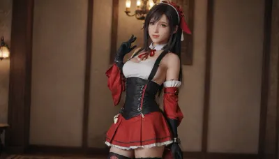 23 years, solo, red, eyes, dress, skirt, stockings, detached, sleeves, jewelry, black, thighhighs, hat, yae, miko, tifa, vision, (genshin, impact), <lora:MIAOKA_Yae Miko_XL:.8>, tifa7re, tifa_outfit, <lora:tifa_re_sdxl_V1_01-000006:.8>