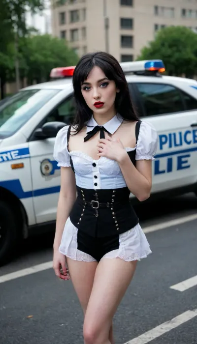 Jennifer White, Alice in Wonderland cosplay, open neckline, black hair, small breasts, alt, emo, goth, natural lipstick, sbrn, long legs spread, in a megalopolis against the background of a police car, crpntr, woman, <lora:sbrn crpntr woman v1a:.5>