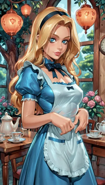 (upper body shot), Alice in Wonderland, 18yo woman with long blonde hair and a black headband, wearing a blue dress with a white apron, small breasts, shaven pussy, Whimsical outdoor tea party in a fantasy garden, long table covered with mismatched teacups and teapots, colorful chairs at odd angles, hanging lanterns and clocks, oversized flowers and twisted trees, chaotic playful atmosphere, (reiq style), <lora:cartoon_stickers_xl_v1:2>, <lora:ratatatat74-000050:2>, <lora:detailed_notrigger:2>