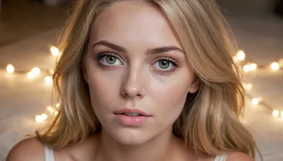 18 Year old woman, (portrait, portrait with emphasis on her eyes, close up of eyes, zoomed in on face), (Scandinavian and Irish features), (photorealistic, photo realistic, photorealism, photo realism:1.5), (professional photography), (4k, 8k, 8k resolution, best quality, ultra quality, highest quality, maximum quality, uncompressed, raw source photograph:1.2), (smokey room full of haze with floating sparks, heat shimmer, hazy smoke golden glow:1.3), (same color eyes, symmetric eyes, matching eyes, detailed eyes, detailed iris, detailed pupils, limbal ring around iris, perfectly round iris:1.1), (detailed skin, high detailed skin, intricately detailed skin, perfectly detailed skin, high quality skin, highest quality skin, exquisitely textured skin), (intricate clothing, detailed clothing), (microblade eyebrows, perfectly manicured eyebrows), (flushed cheeks, flushed neck, blushing cheeks, blushing neck), (her wide strong jaw highlights her powerful jawline, high cheekbones, sharp cheekbones, faint vellus hairs), (upturned button nose, delicate nose), (long messy windblown hair hangs loose hair framing her face, glowing blonde hair with dark roots:1.1), (eyes slightly crossed, big eyes, wide eyes, doe eyes, slightly wide set eyes), (striking eyes, captivating eyes, mesmerizing eyes, Fae eyes), (tanned skin that accentuates her pale skin revealed by tan lines), (large natural soft breasts, high breasts), (athletic body, sporty body, lean body, fit body), <lora:20231122-1700582714007-0001:.5>
