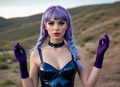 "I am a female alpaca. I have big pink lips with a purple contour, covered with shiny oil. I am presented in high resolution, with perfect lighting and full inclusion in the frame. My arms, legs, and face are detailed, with an emphasis on ultra-realistic details. I have long, gorgeous hair and a perfect, well-proportioned figure. My skin and hair have been treated to look healthy and shiny. I have big, plump lips that shine and reflect light, with makeup that includes long blue eyelashes and olive eyeshadow with sparkles. My hair is styled in five pigtails with straight blue bangs decorated with sequins. My eyes have a snake-like look. I am presented in an aesthetically pleasing environment, with elements such as stars, nebula and the sky in the background. My clothes and accessories, including a black dress, gloves, and a ribbon around my neck, are carefully chosen to match the overall aesthetic.