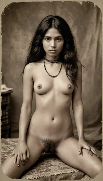 Vintage 1890s Victorian, Amazon indians tribe chief woman, skinny, wild tribe jewelry, full nude, messy black hair, pussy exposed, very hairy pussy, pubic hair, 3/4 view, old torn sepia photograph, <lora:old_world:.8>