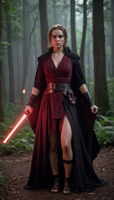 ((female, Jedi Knight, in Jedi Garb)), ((male, Sith Lord, in Sith Garb)), (night, moon light, outside on jungle path, in ancient forest), cinematic lighting, (((fighting stance, holding lightsaber with both hands, lightsabers are crossed))), (elegant royal Jedi pr Sith robes), (prefect hands, prefect fingers, perfect feet), showing huge breasts, showing huge penis