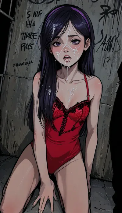 (markgavatino style:1.2), (violet_parr, incredibles), purple hair band, ((beautiful)), (lace, long hair, kneeling, cum on face:1.3), small breasts, cum in mouth, cum in hair, best angle, prison setting, graffiti wall background, ratatatat74, <lora:LCMTurboMix_Euler_A_fix:1.4>, <lora:mk_Bp Anime_xl:1>, <lora:EnvyAnimeDigitalPaintingXL01:1>, <lora:ratatatat74-000050:1.5>