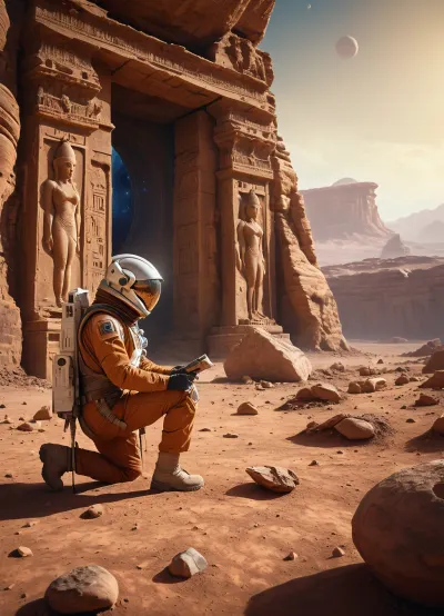 (masterpiece, best quality, high detail, photorealistic), An Astro-archaeologist studies the archaeological ruins of an ancient alien civilization on another planet, detailed textures, high quality hands