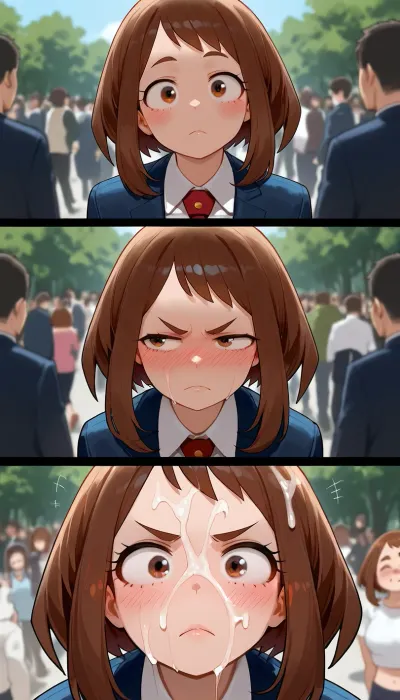 Ochako uraraka, before after, crowd, public, Look a viewer, frown, face covered cum, cum on face, facial cum, hair cum, angry expression, outdoor, Model, fully clothed