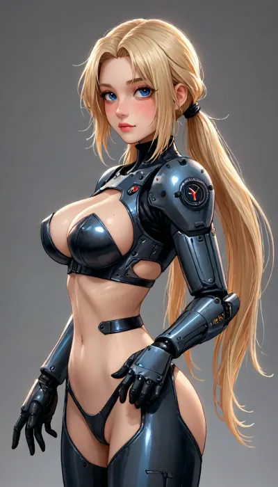 Rearview, (reiq meets innv and markgavatino style:1), 25 year old blonde girl, very long platinum blond hair, messy ponytails, futuristic cybernetic warrior, body enhanced with cybernetic enhancements, insanely hot blonde, blue eyes, cute freckles, (large breasts), robotic arm, (very skimpy and sexy futuristic armour), freckled face, tight waist, cute chest freckles, perfect hands, perfect fingers, perfect anatomy, realistic skin, masterpiece, best quality, high resolution, ultra detailed, Robocop, (2014), RoboCop, 1987, ((simple background)), high contrast, (dramatic lighting:1), (dynamic motion, motion blur), <lora:LCMTurboMix_Euler_A_fix:1.4>, <lora:RoboCop 1987:.8>