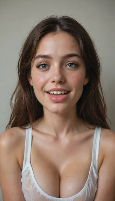 Masterpiece, Real, realistic, realism, score_8, (Chinese girl), solo, SOFT natural saggy large_breasts, squeezed cleavage, squeezed breasts, (square_face), round chin, small nose, big bright smile, large mouth, open mouth, tongue out, bucked teeth, natural teeth, uneven teeth, (tiny_eyes), beady eyes, short thin eyebrows. very long fringes, oily hair, no makeup, freckles, pimple, acne. Sleeveless transparent uniform. Bad, dirty. Low quality photo, dim, dark, grainy.