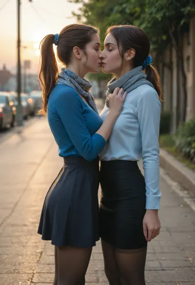 beautiful, gorgeous, 25_year_old, French woman, (Beautiful_French_woman), kissing her girlfriend passionately, in the evening, dimmed_lighting, after_sunset, reflective_skin, (wearing a blue long-sleeve shirt, scarf, skirt, pantyhose), medium_height, long_hair, dark_hair, blue_scrunchie, ponytail, blue_eyes, perfect_figure, average_breasts, small_nose, thin_lips, jewelry, flower, (girlfriend is wearing a casual dress)