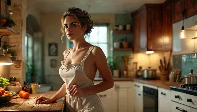 Create a wide UHD 8K cinematic scene with a vibrant atmosphere.
The setting is a modern high-end home kitchen decked out so many luxury features it could appear in a magazine feature. On one side of the scene is a stunningly beautiful and sexy housewife wearing only an apron. She is naked underneath. She has luminous eyes, long eyelashes, professional makeup, professionally styled hair in a French updo, a welcoming smile, medium natural breasts, and enormous areolae with big puffy nipples pressing against her apron, ((Pokies)), . Eye contact. Make this composition highly detailed, in HDR, 4K resolution, hyperrealistic, with cinematic lighting for a professional and balanced finish., braless, Wearing, clothes, that, make, sense, with, Braless>, but, <lora:MJ52:2>, <lora:add-detail-xl:2>, <lora:bralessSDXL_v1_00022:2>, <lora:BUT_SDXL_SHS:.5>, longnips, <lora:longnipsxl:.8>