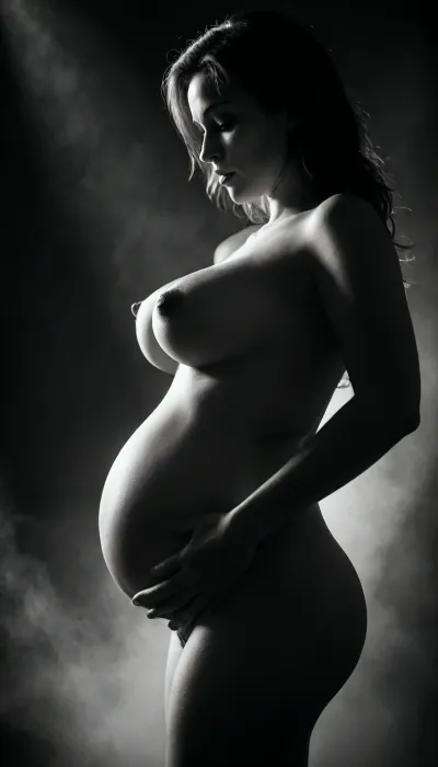Image of a pregnant woman with big breasts, black and white, macro, silhouette, curvy body, big breasts, sexy . Dark background creating the impression of fog. lov light. distance, Low-key, lighting, Style, dim, light, low, dramatic, Split, Lighting, style, realistic proportion, ultra realistic, partially, covered, in, shadow, <lora:dim light low key style v1.1:.5>, <lora:partially covered in shadow split light style v1:.5>