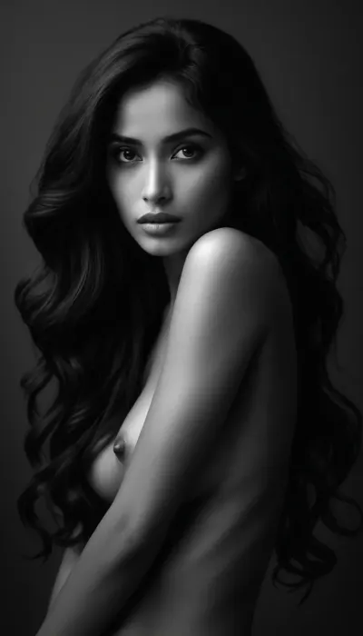 full body view of Pencil Tip, This black and white drawing is a surprisingly realistic pencil illustration. It depicts Princess Jasmine from the Disney animated film. Her long, dark, voluminous hair, styled in the iconic Disney style, is slightly disheveled, windswept and damp, adding a touch of natural vulnerability. The locks frame her face, rendered with soft shadows that emphasize her large eyes and delicate features.

She wears a skimpy version of her traditional dress, barefoot., (((show the foot))), The fabric clings to her body, its texture is masterfully drawn, evoking the creased weight of wet silk. The dress, with its bare shoulders, reveals part of the collarbone and adds a subtle fragility to the scene.

Her gaze is directed downwards and her expression is sorrowful, immersed in deep thought. The image is silent and full of emotion, the black and white tones accentuate the sense of loneliness and melancholy. Despite her sadness, her noble posture and graceful bearing suggest an inner strength.