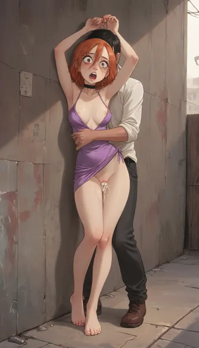 (Jack Cayless art style), redhead 20 yo woman, brown eyes angry and teary, glossy purple PVC mini dress rolled up above breasts, standing with back against wall, right leg lifted high over man’s left shoulder, deep standing vaginal sex, cum running down left standing leg, mouth open with thick saliva strands, three-quarter front view, dark alley night, (cartoon), tooned, flat colors, no gradients, Incase style, masterpiece, choker, realistic lighting, ultra high resolution, clear focus, depth of field, 32k, 30 mm lens, 1/250 s, f/2.8, ISO 300, UHD 8K, high resolution face, score_9, score_8_up, score_7_up, score_6_up, (j_cartoon:1.5), Drawing, full body view, <lora:ratatatat74-000050:.9>, <lora:outline_xl_kohaku_delta_spv5x:.5>, <lora:cartoon_stickers_xl_v1:.6>, <lora:NEOTOKIOXL_0.2_RC:.4>
