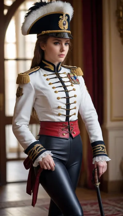 a girl, a naval officer, a short white Hussar jacket, a high Hussar shako, leather leggings, lace-up boots