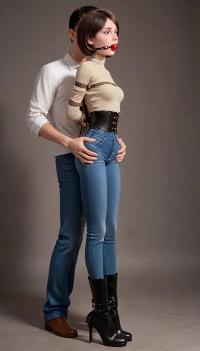 (1 woman + 1 man), helen parr is, (tied in bondage:1.3), (standing:1.2), and she have her, (hands tied in her back:1.4), she get her, (ass groped by a man:1.3), standing in her back, (ass grab:1.4), small breasts, petite, (extremely big round buttocks:1.3), (high waist tight jeans:1.3), (high heels leather high boots:1.3), (slim waist), beautiful face, tan skin, tan long sleeve shirt, full body, side view, clothes, ballgag, ruined, makeup, <lora:ahxl_v1:2>, <lora:sdxl_ballgags:1.8>, <lora:shibari_bondage_-_v0.9.1.2-000010:1.9>, <lora:ruined1:1.4>