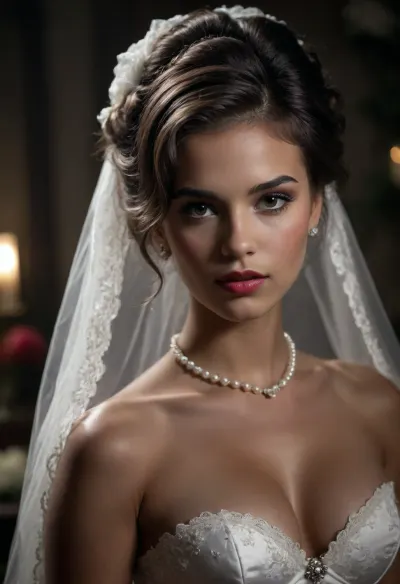 high resolution, high quality, dark scene at night, closeup of face, cute woman, cum on face, smile, pearl choker, pearl earrings, (Hair in elaborate updo:1.4), (standing model posing, (wedding dress:1.2), (white corset:1.2), (wedding veil:1.3), (white lace gloves), edge of nipple visible, thick eyebrows, very cute, smile, out of focus colorful flowers in a romantic outdoor background, outdoors, on, face, bukkake, cum), bellissima, <lora:LesFemmesXL_v1.0:1.5>, <lora:dark:.4>, <lora:Jennifer_Connelly_Portrait_Lora-000002:1.2>