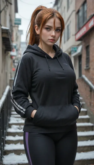 masterpiece, best quality, 1 girl, solo, kmazm, orange hair, ponytail, long hair, hair between eyes, purple eyes, (big breasts), (curvy hips), hoodie, athletic leggings, hands in pockets, T, pouty lips, V-shaped eyebrows, blush, cold, winter, stairs, city, gray sky
