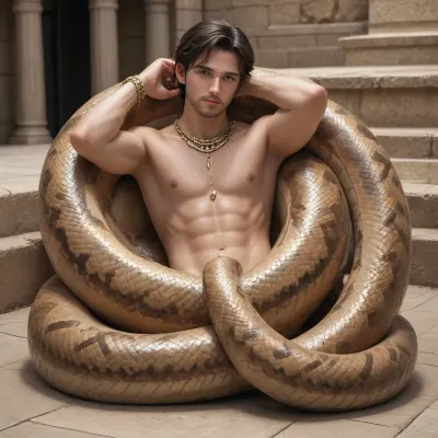 Snake man. Naga. Half snake half human. Attractive. Monster. Lamia. Male. Man. Egyptian. Scales. Snake fangs. Snake skin. Hybrid. Snake tail from the waist down. No legs. Full body. Laying on own coils. Scales on chest. Long tail. Coiled. Arms. Dark skin. Jewelry. Gold chains. Solo male.