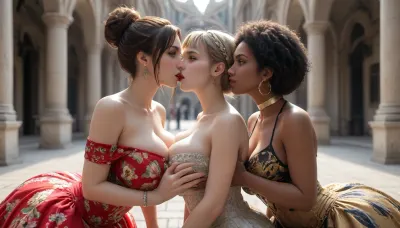 three extremely hourglass-shaped south african garden party women, colossally colorful eye makeup with overly longing eyes, extreme with lipstick, african colossal tight high cut skimpy garden party dress, extremely high updo afro curl, colossally massive bursting giant breasts, colossal extremely bulging plump gigantic bubble ass buttocks, in a south african luxury garden, groping and kissing each other all over their bodies