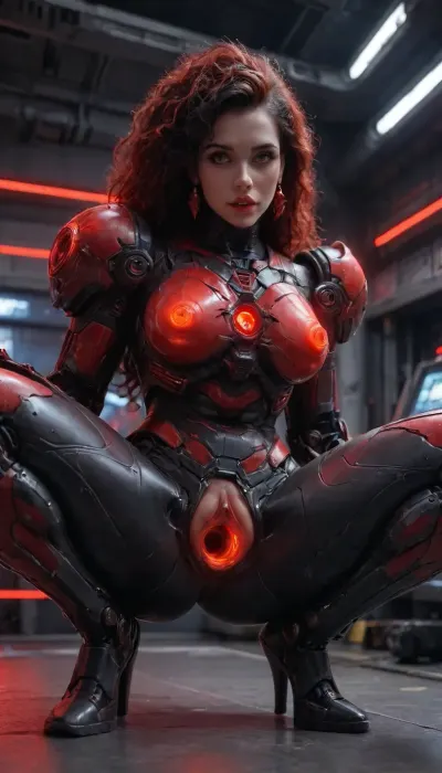Princess Ariel, (robotic black mech red neon glowing armor:1.9), futuristic plasma-gun, spaceship interior, (hyper spread pussy, hyper gaping pussy, squat), <lora:Mecha_Ggorgeous_Armor-000011:1>