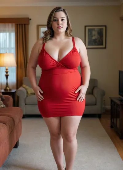 A young, overweight woman with large breasts is wearing an extra-short, sleeveless red minidress. The dress reveals her entire, very fat thighs. She is standing in a normal living room., <lora:Chubby BBW - XL:1.9>