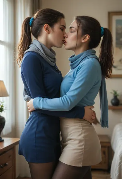 beautiful, gorgeous, 25_year_old, French woman, (Beautiful_French_woman), kissing her girlfriend passionately, in the evening, indoors, dimmed_lighting, after_sunset, reflective_skin, (wearing a blue long-sleeve shirt, scarf, skirt, pantyhose), medium_height, long_hair, dark_hair, blue_scrunchie, ponytail, blue_eyes, perfect_figure, average_breasts, small_nose, thin_lips, jewelry, groping, touching, hugging_tightly, French_kiss