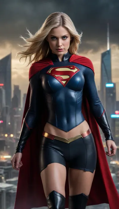 (futuristic-sci-fi image), menacingly seductive evil Supergirl, (tyrannical ruler of Earth), long blonde hair, sinister yet alluring expression, red cape, (black form-fitting skimpy steel armor, big neckline cutout), commanding presence, (flying over a sprawling futuristic city), neon-lit skyline, dark ominous clouds above, vibrant colors reflecting off buildings, (ultra-detailed), dramatic lighting, captivating atmosphere. full of hate and anger, angry and violent face expression