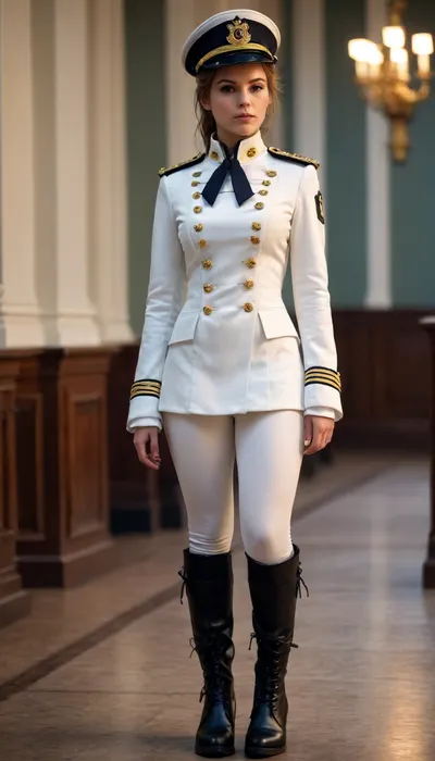 girl, naval officer, white military jacket, shako, leggings, lace-up boots