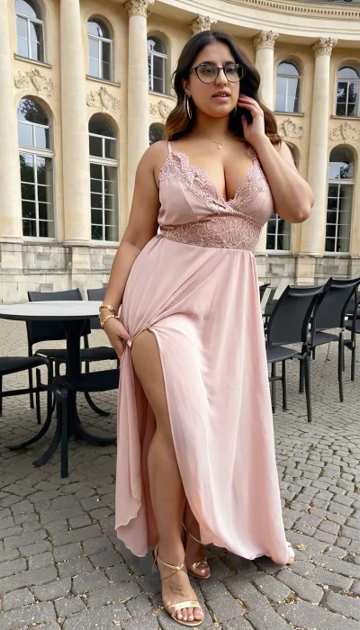 sexy, full body view, Homemade picture, Extremely candid amateur picture vibe, 35yo curvy plus-size woman, round glasses, Adorable arab wearing a sophisticated and elegant pastel pink silk dress. The spaghetti dress is a flowing A-line style with a V-neck, accentuating the waist and curves, with delicate lace or tulle details around the neckline or sleeves. She is wearing gold high-heeled sandals with ankle straps, paired with a matching gold clutch. The jewelry is fine, with subtle gold earrings and a delicate bracelet, decent makeup, Her hair is styled in loose, soft waves, outdoors, Sunny day, Sunlights, light and shadow shapes friendly, extremely detailed realistic skin texture, candid spontaneous moment, she seems distracted, dark hair with blonde streaks, A raw amateur photo of a small, Sanssouci Palace, (Potsdam, Germany), Magnificent palace rooms with gilded details, high windows, long tables with fine porcelain and candlelight., shot on a smartphone, high texture detail, realistic everyday scene.