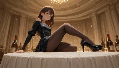 Pre christmas party, tight glitter dress, dark dress, young lady, narrow face, (small chin), scandinavian features, black mini dress, pantyhose, laquer high heels, (wasted), ((rowdy)), (dancing on table), (low angle), upskirt, confetti, empty glasses on table, bottles on table, white tablecloth, stained, slender, petite, small, glitter, (messy hair), movement, speed, horny, long sleeves, loose sleeved dress, detailed hands, detailed arms