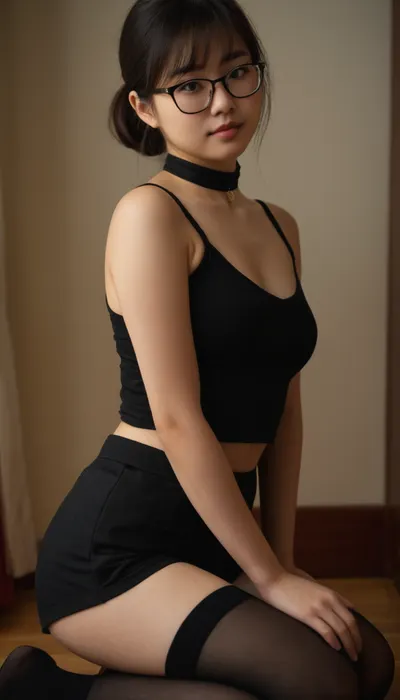 4K amateur photo, graceful, Nerdy Chinese student with glasses, full body view, she is looking back at the camera, ((introverted nerd)), (extremely shy), Pale Chinese girl with small perky boobs, firm butt, natural lighting, laying on her stomach with full view of her body, (nervous), (ultra realistic), real virgin, petite, small mouth, flirty, (looks innocent), realistic photo, (wearing black choker), (wearing high-waist shorts), (wearing provocative top), (eyeliner), ((shy)), realistic body, young adult, wearing thigh socks, slightly chubby, horny, realistic girl