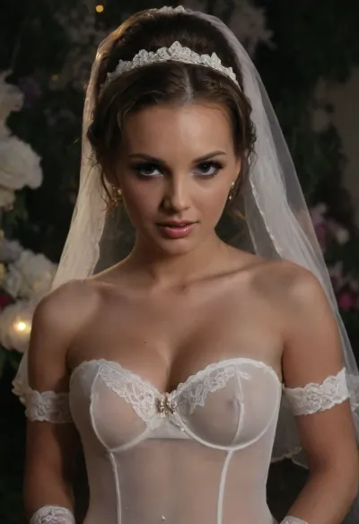 high resolution, high quality, dark scene at night, closeup of face, cute Devon, smile, pearl choker, pearl earrings, (brunette Hair in elaborate updo:1.4), (standing model posing, (wedding dress:1.2), (sheer white completely lace covered corset:1.2), (wedding veil:1.3), (white lace gloves), very cute, smile, out of focus colorful flowers in a romantic outdoor background, outdoors, 3 men behind her, holding flowers, on, face, bukkake, cum), bellissima, d3v0n, 1woman, clothes, seethru, <lora:LesFemmesXL_v1.0:1.5>, <lora:dark:.4>, <lora:Devon:1.4>, <lora:seethruv3_SDXL:.5>