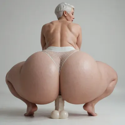 White mature woman, (milf:1), short white hair, bobcut, (massive breasts:1), (massive ass:1.2), (wide_hips:1.4), white fishnet panties with open crotch, squatting on a white dildo, ass view from behind, looking forward, eyes closed, mouth closed, gourgeous white woman, (ass focus), (very pale skin), white background, white room