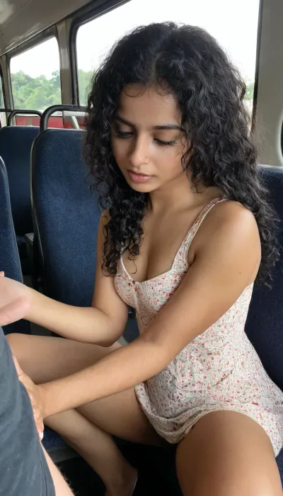 indian 25yo beauty black wavy hair, shy girl, sexually harassed by stranger on a bus