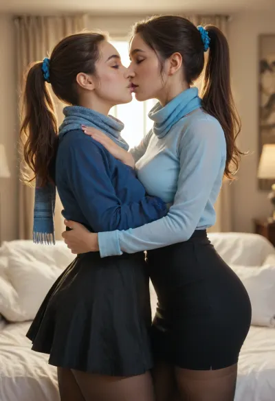 beautiful, gorgeous, 25_year_old, French woman, (Beautiful_French_woman), kissing her girlfriend passionately, in the evening, indoors, dimmed_lighting, after_sunset, reflective_skin, (wearing a blue long-sleeve shirt, scarf, skirt, pantyhose), medium_height, long_hair, dark_hair, blue_scrunchie, ponytail, blue_eyes, perfect_figure, average_breasts, small_nose, thin_lips, jewelry, flower, (girlfriend is wearing a casual dress), groping_ass, touching, hugging_tightly
