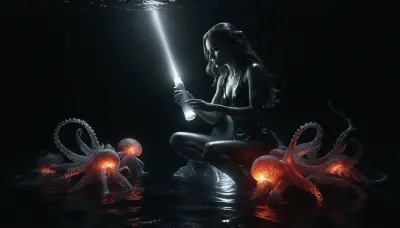 In the depths of the ocean, a breathtaking underwater panorama unfolds. In the foreground, a nude 22 years old skinny deep-sea researcher kneels outside her base station, (beautiful face in focus:1.5), anchored firmly to the ocean floor, (She is collecting much glowing seabed samples:1.6), equipped with a breathing mask, yet her body is nude, The scene is set in the darkness of the deep sea, illuminated by powerful spotlights mounted on the research station, casting a cone of light around her. Beyond this illuminated circle, the water is dark and teeming with life, (many various much glowing deep-sea creatures drift around:1.8), (glowing fishes:1.2), (glowing shark:1.2), (glowing octopus:1.5), (their eerie silhouettes hinting at unseen dangers:1.5), Despite the mysterious and potentially perilous environment, the researcher is depicted with remarkable detail, her skin texture, her facial expression, and her hands as she gathers samples, all rendered in high-resolution realism. In the background, the research station appears as a collection of metallic spheres with large, glowing windows, standing out against the dark abyss. Around her, the mysterious and luminous denizens of the deep sea float, adding an element of wonder and suspense. Dramatic lighting from both the station and the diver’s own equipment accentuates the scene, creating a captivating and immersive atmosphere., firm buttocks, ultra-sharp details, realistic skin texture, refined contrast, 8k detail, authentic facial expression, clean composition, (maximum photo quality:1.4), (maximum resolution:1.5), Black, and, white, art, pencil, shading, charcoal, drawing, toned, paper, brutal, b/w, color, scheme, highly detailed various background, DonMSp3ctr4lXL, <lora:Black and white art.V1:.2>, <lora:sea_monster_lora-000003:.9>, <lora:EnvyAetherbornXL01:1.9>, <lora:DonMSp3ctr4lXL-000008:1.7>, <lora:attractive_notrigger:1.6>