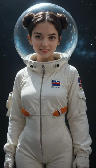 masterpiece, best quality, 1girl, solo, black hair, spacesuit, black background, space, star, (sky), double bun, bun cover, cowboy shot, dutch angle, (floating), looking at viewer, v-shaped eyebrows, smile, parted lips