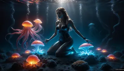 In the depths of the ocean, a breathtaking underwater panorama unfolds. In the foreground, a nude 22 years old skinny deep-sea researcher kneels outside her base station, (beautiful face in focus:1.5), anchored firmly to the ocean floor, (She is collecting much glowing seabed samples:1.6), equipped with a breathing mask, yet her body is nude, The scene is set in the darkness of the deep sea, illuminated by powerful spotlights mounted on the research station, casting a cone of light around her. Beyond this illuminated circle, the water is dark and teeming with life, (many various much glowing deep-sea creatures drift around:1.8), (glowing fishes:1.2), (glowing shark:1.2), (glowing octopus:1.5), (their eerie silhouettes hinting at unseen dangers:1.5), Despite the mysterious and potentially perilous environment, the researcher is depicted with remarkable detail, her skin texture, her facial expression, and her hands as she gathers samples, all rendered in high-resolution realism. In the background, the research station appears as a collection of metallic spheres with large, glowing windows, standing out against the dark abyss. Around her, the mysterious and luminous denizens of the deep sea float, adding an element of wonder and suspense. Dramatic lighting from both the station and the diver’s own equipment accentuates the scene, creating a captivating and immersive atmosphere., firm buttocks, ultra-sharp details, realistic skin texture, refined contrast, 8k detail, authentic facial expression, clean composition, (maximum photo quality:1.4), (maximum resolution:1.5), Black, and, white, art, pencil, shading, charcoal, drawing, toned, paper, brutal, b/w, color, scheme, highly detailed various background, DonMSp3ctr4lXL, <lora:Black and white art.V1:.2>, <lora:sea_monster_lora-000003:.9>, <lora:EnvyAetherbornXL01:1.9>, <lora:DonMSp3ctr4lXL-000008:1.7>, <lora:attractive_notrigger:.8>