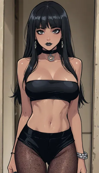 ((Melkor mancin meet markgavatino style)), reiq style, masterpiece, (1woman, 8k resolution, ultra-detailed), (dark skin:1.5), bimbo body, giant ass, perfect hourglass, giant breasts, goth makeup, black lipstick, ((very long black hair, fringe)), black tube top, black pantyhose, black fishnet, ratatatat74, <lora:ratatatat74-000050:.8>, <lora:LCMTurboMix_Euler_A_fix:.7>, <lora:mk_Bp Anime_xl:1.6>, <lora:焦茶_XL:1.8>, <lora:EnvyPastelAnimeXL01:1.5>