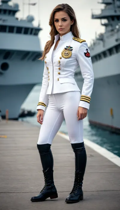 girl, naval officer, white military jacket, leggings, boots